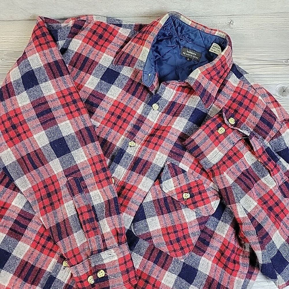 Vintage Hudsons Mens Store Plaid Flannel Quilted Shirt Shacket Large Wool Blend‎